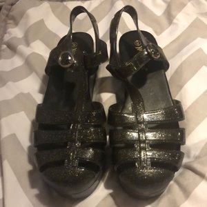 Black Glitter Platform Jelly Sandals